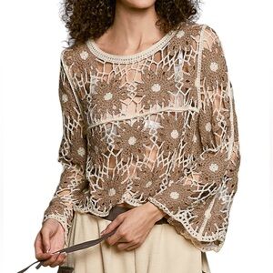 POL Mocha Crochet Knit Bell Sleeve Top